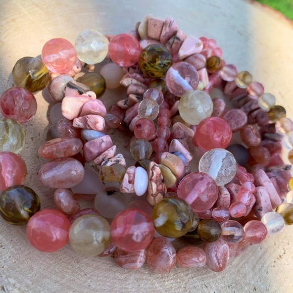 Natural Fire Cherry Quartz & Pink Rhodonite Gemstone Mixed Bead Bracelet Stack - Picture 2 of 10